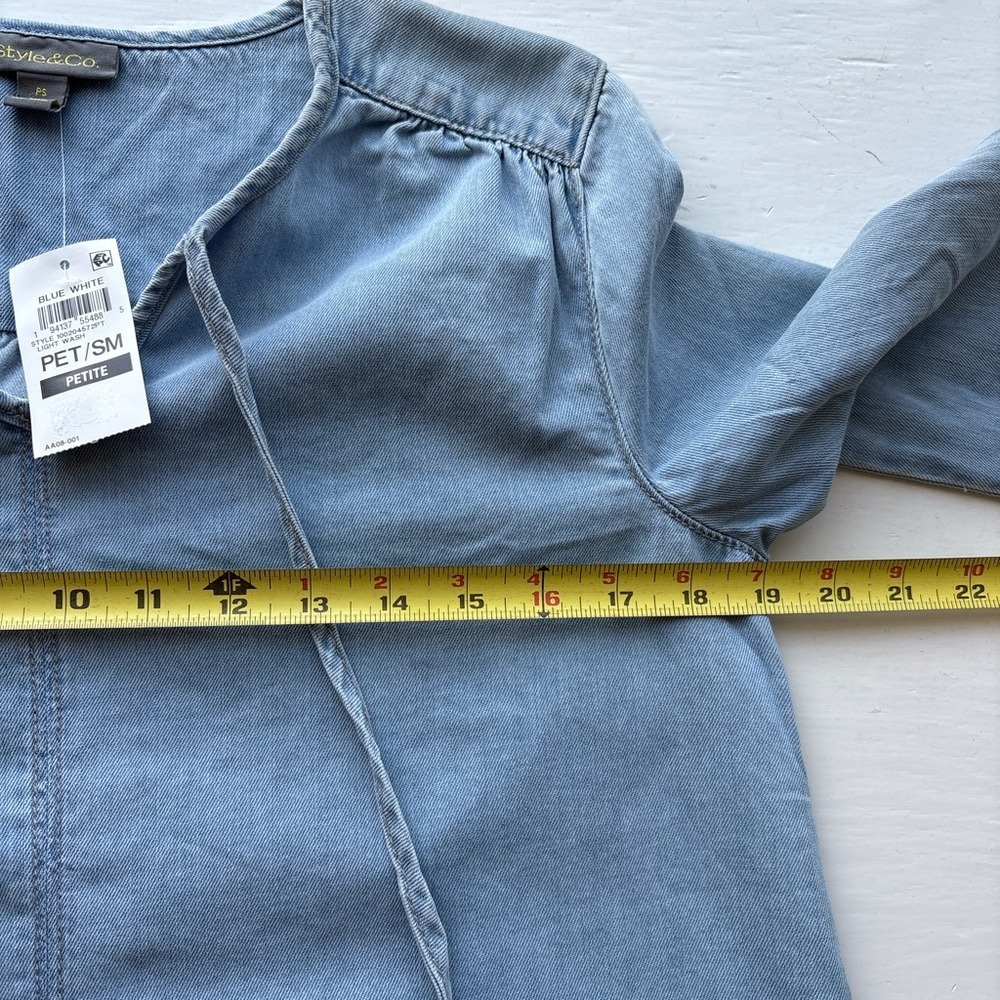 Womens PS Denim Blouse Blue Cotton Tie Neck Roll Tab Boho Cottage Coastal - Picture 6 of 7